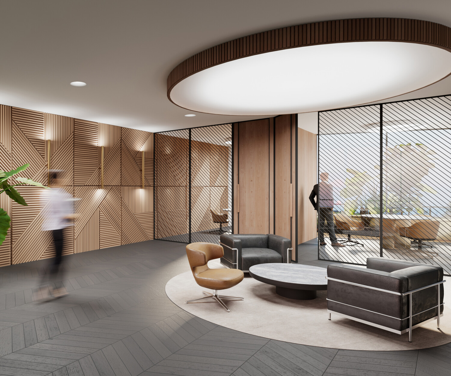3D render of an office lobby.