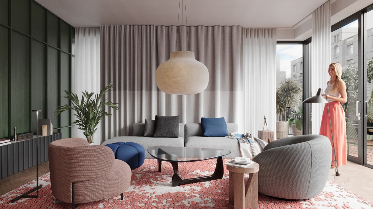 3D vizualizacija moderne dnevne sobe.